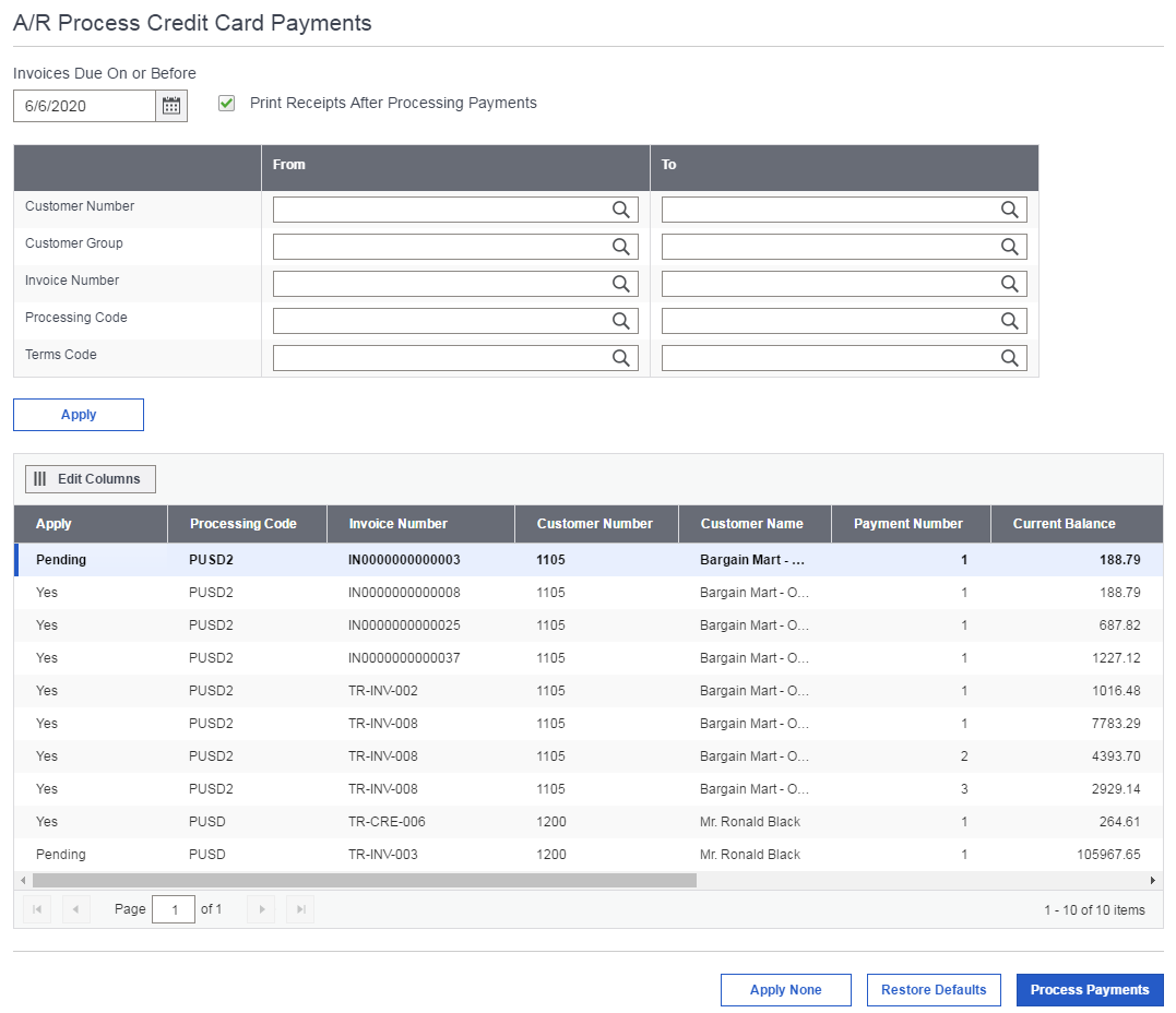 An image of the A/R Process Credit Card Payments screen