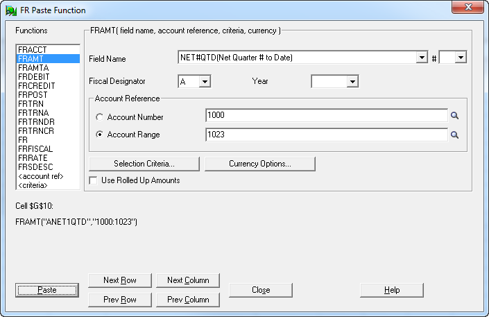 Image of the FR Paste Function screen