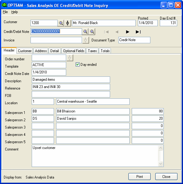 Image of OE Credit Debit Note Inquiry screen.