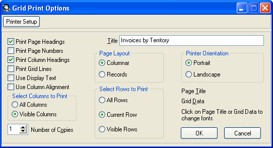 Image of Grid Print Options screen.