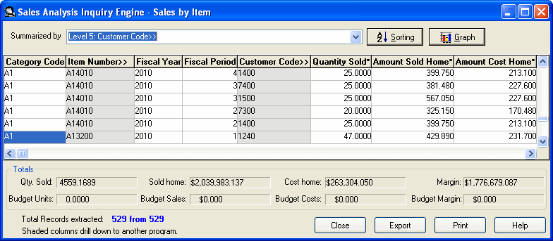 Image of Inquiry screen showing sorted results.