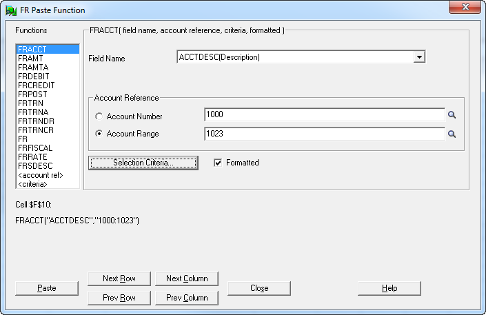 Image of the FR Paste Function screen
