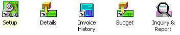 Image of Main Menu icons, including Setup Details Invoice History, Budget, and Inquiry & Reporting.