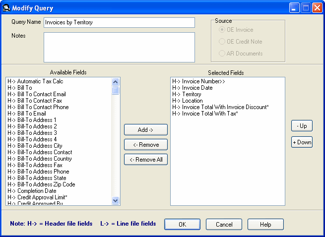 Image of Modify Query screen.
