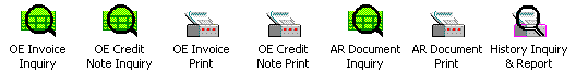 Image of AR Document Inquiry menu including OE Invoice Inquiry, OE Credit Note Inquiry, OE Invoice Print, OE Credit Note Print, AR Document Inquiry, AR Document Print, History Inquiry and Report icons.