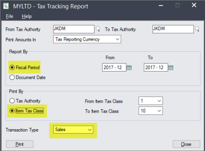 Tax Tracking report