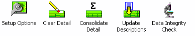 Image of Setup menu including Setup Options, Clear Data, Consolidate Detail, Update Descriptions, Data Integrity Check icons.