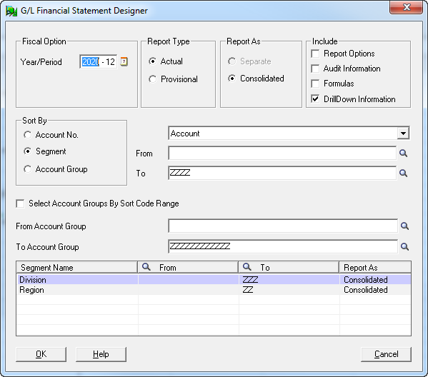 Image of G/L Financial Statement Designer screen.