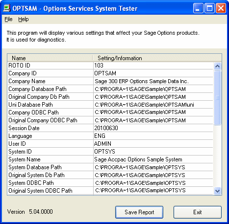 Image of the Options Services System Tester screen