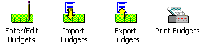 Image of Budget menu including Enter Edit Budgets, Import Budgets, Export Budgets, and Print Budgets icons.