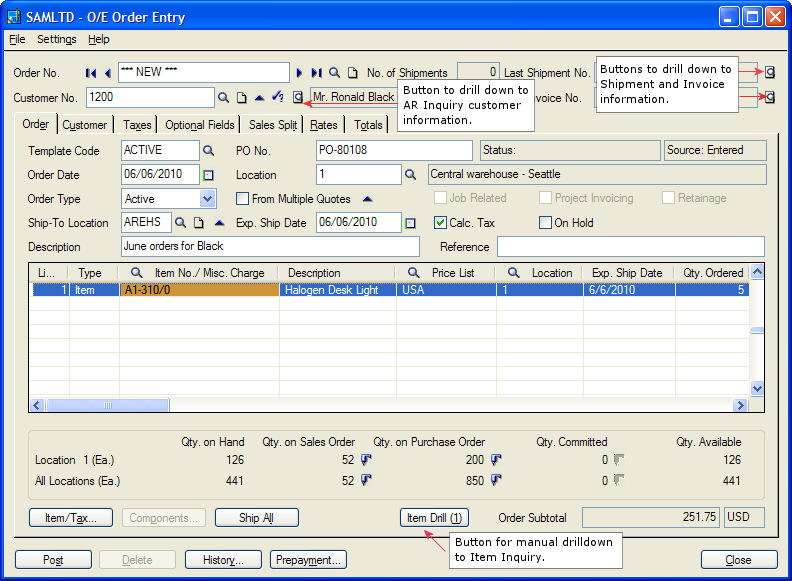 Image of the O/E Order Entry screen