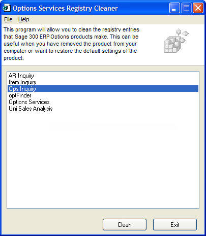 Image of the Options Services Registry Cleaner screen