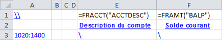 Exemple montrant la ligne 1 avec des formules normales et des barres obliques saisies dans les cellules d’une ligne suivante